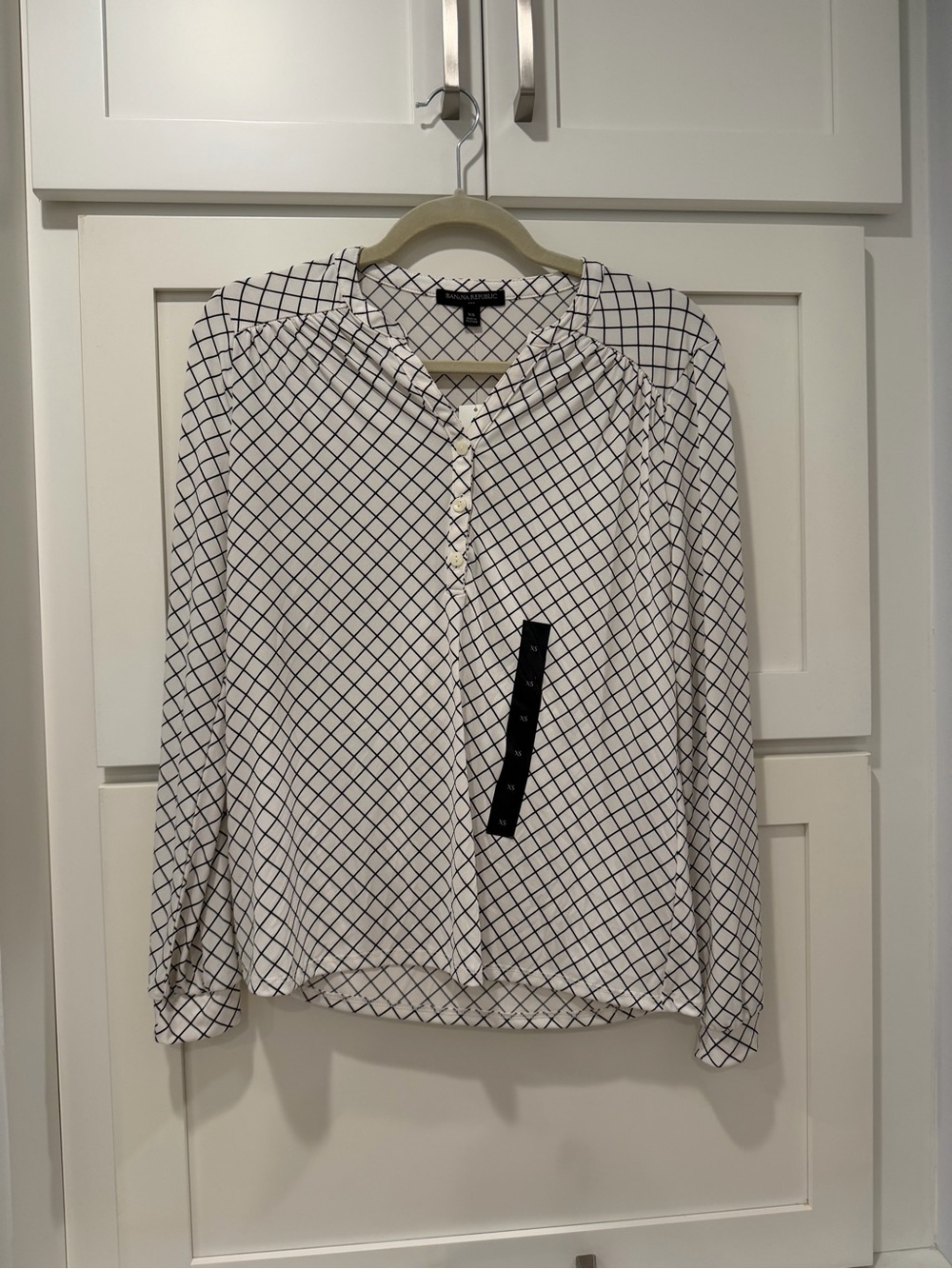 Banana Republic Factory White Blouse with Black Grid Pattern